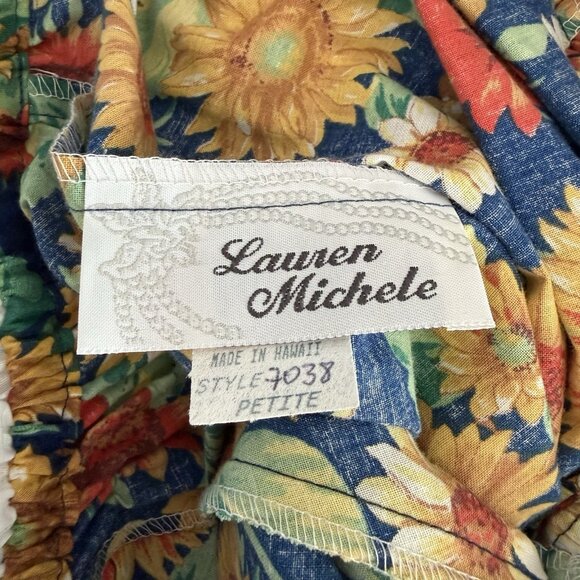 Hawaiian Vtg Lauren Michele Off Shoulder MuuMuu Dress Sunflowers Eyelet Ruffle P - Picture 7 of 9